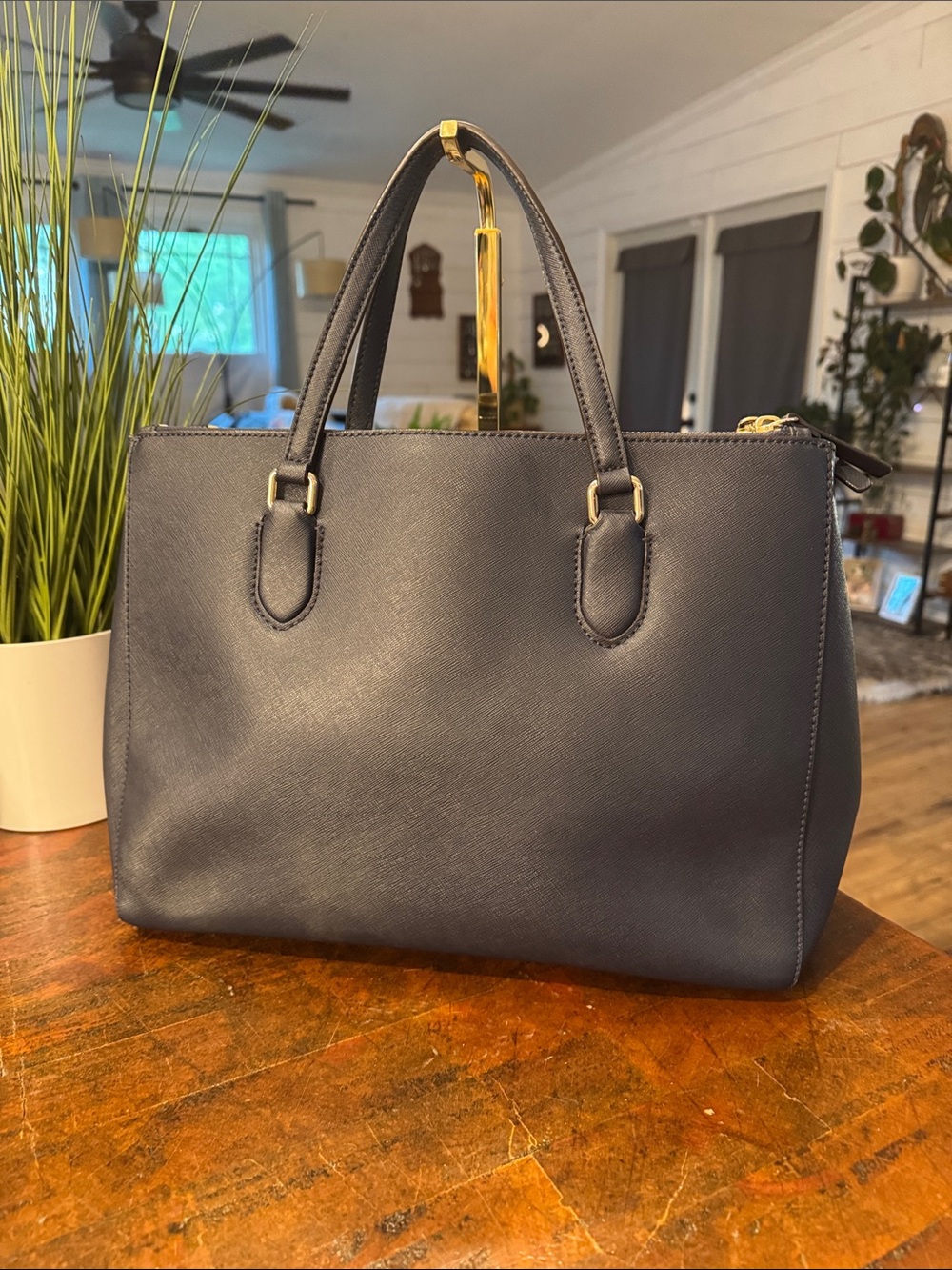 kate spade navy tote with brown and cream dog charm - Picture 3 of 15